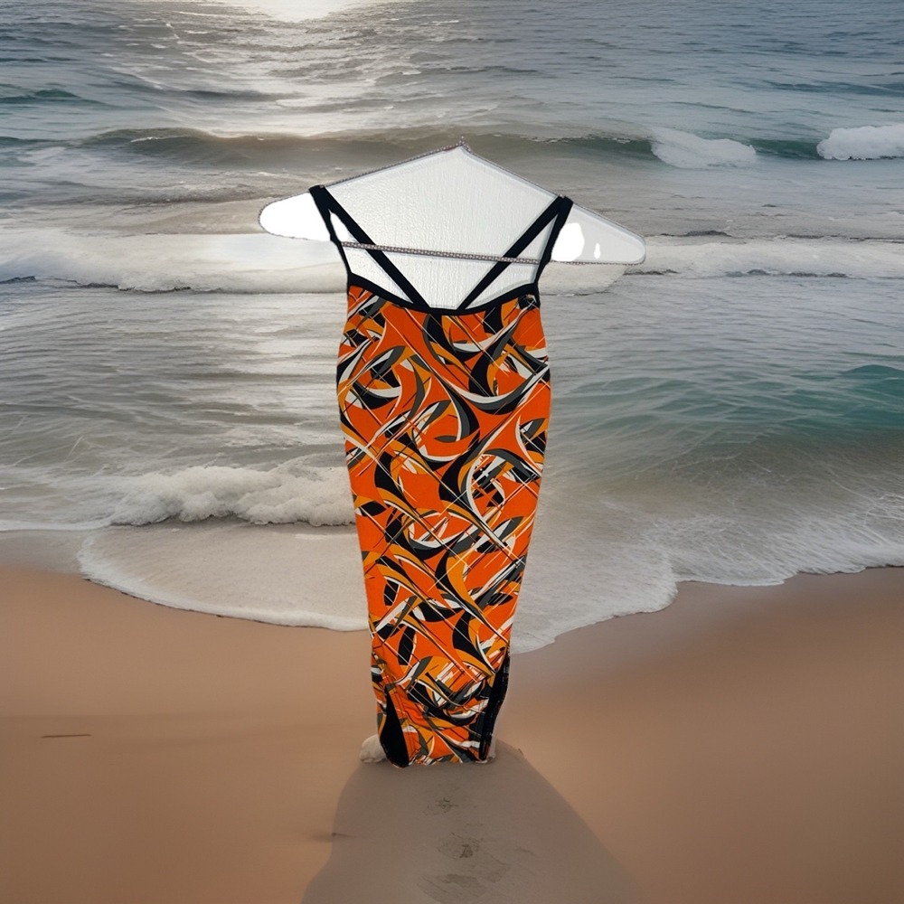 Dolfin‎ Swimsuit One Piece Racerback Cut Out Back Square Neck Geometric Size 38